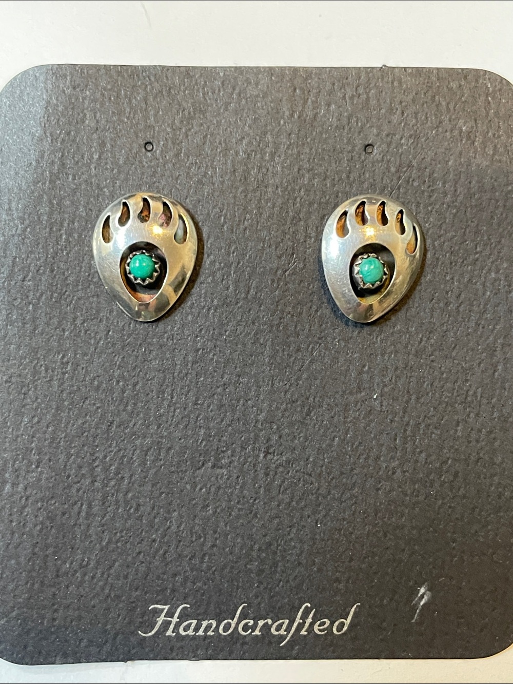 Native American Hand Crafted Sterling Silver Bear Paw Earrings Turquoise